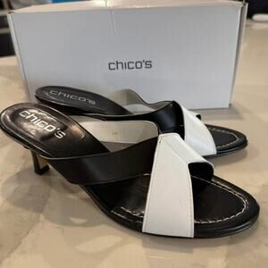 Chico’s Open Toe Slip On Mackie Leather Kitten Heel Sandal Womens 8M Black/White
